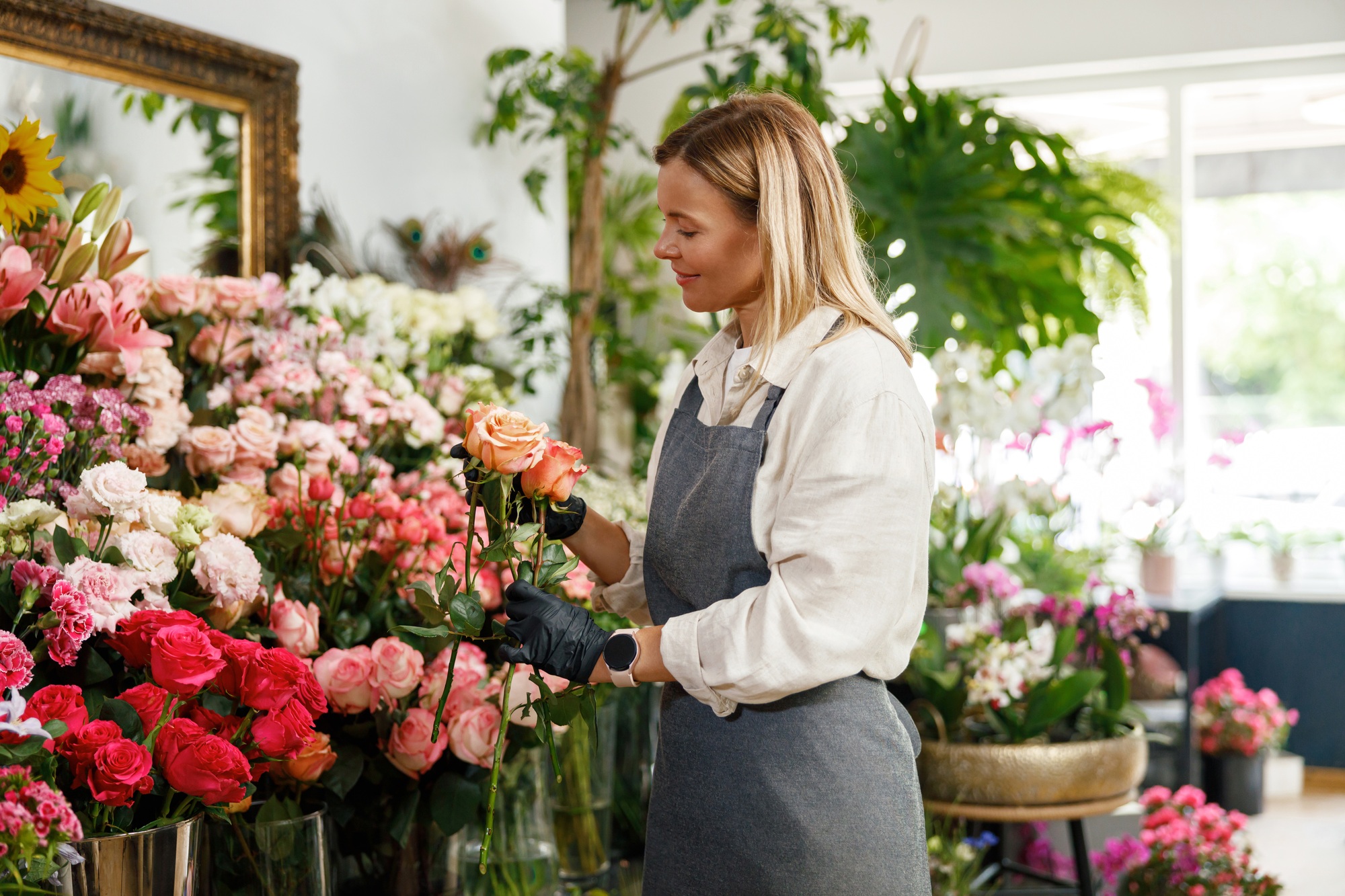 Smiling woman florist hold roses ready to sell on floral background